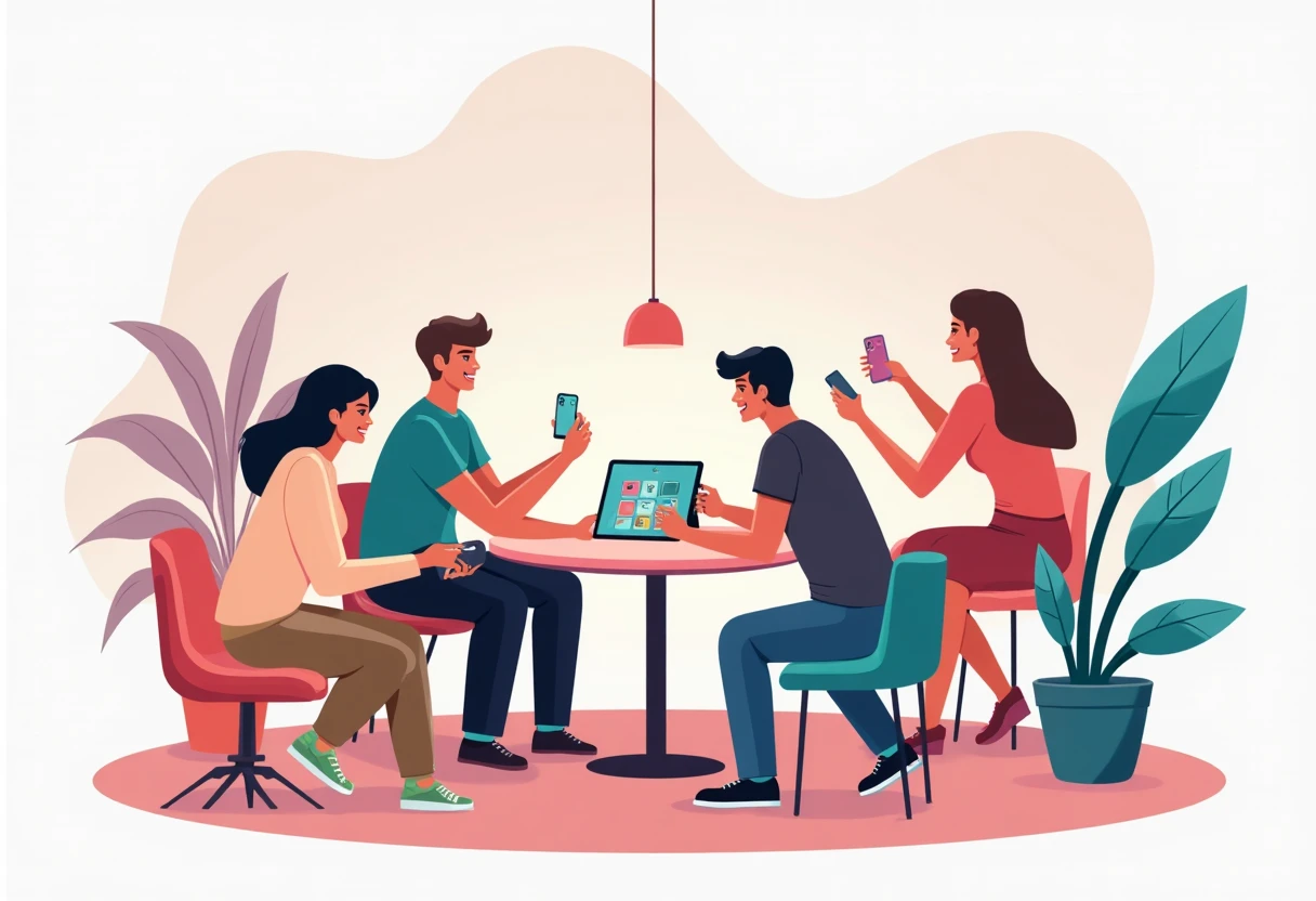 Amigos usando app de juego de mesa